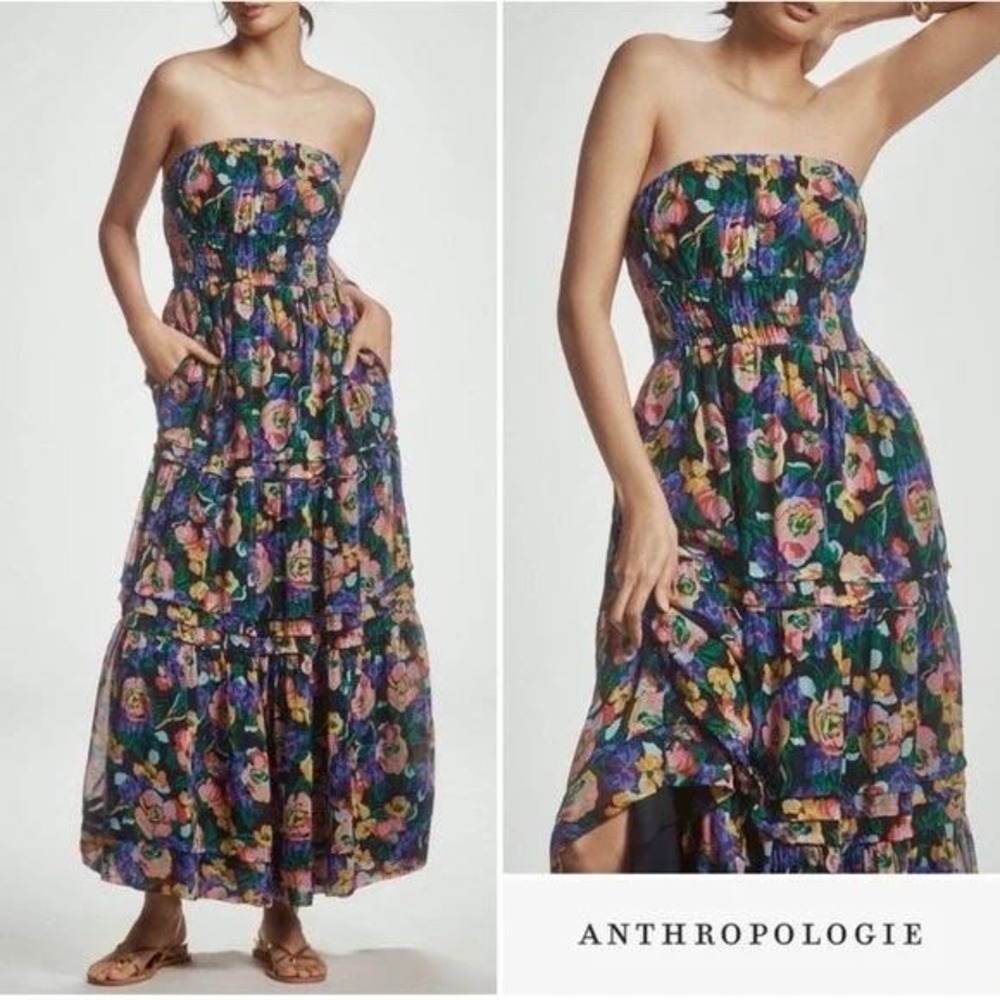Anthropologie Strapless Tiered Floral Maxi Dress in Black, Pink & Green